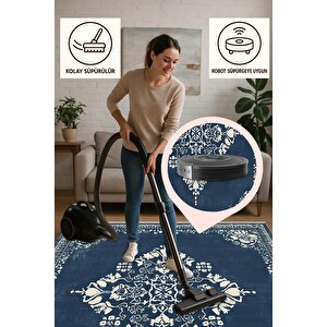 Yıkanabilir Halı – Lacivert; Krem – Geleneksel Desen, Pamuk Dokuma Taban, Makinede Yıkanabilir, Kolay Temizlenebilir, Toz Ve Tüy Tutmaz, Kaymaz, Evcil Hayvan Dostu