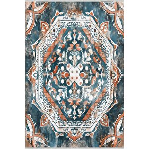 Pamuk Tabanlı Kaymaz Halı – Turkuaz; Turuncu; Beyaz – Oriental Desen, Makinede Yıkanabilir, Kolay Temizlenebilir, Toz Ve Tüy Tutmaz, Evcil Hayvan Dostu 150x300 cm