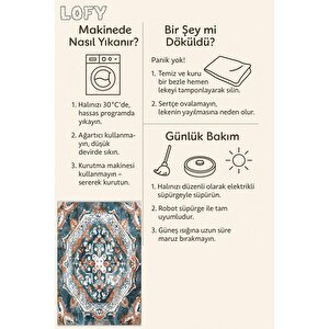 Pamuk Tabanlı Kaymaz Halı – Turkuaz; Turuncu; Beyaz – Oriental Desen, Makinede Yıkanabilir, Kolay Temizlenebilir, Toz Ve Tüy Tutmaz, Evcil Hayvan Dostu 150x300 cm