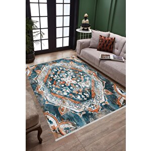 Pamuk Tabanlı Kaymaz Halı – Turkuaz; Turuncu; Beyaz – Oriental Desen, Makinede Yıkanabilir, Kolay Temizlenebilir, Toz Ve Tüy Tutmaz, Evcil Hayvan Dostu