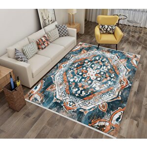 Pamuk Tabanlı Kaymaz Halı – Turkuaz; Turuncu; Beyaz – Oriental Desen, Makinede Yıkanabilir, Kolay Temizlenebilir, Toz Ve Tüy Tutmaz, Evcil Hayvan Dostu