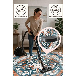 Pamuk Tabanlı Kaymaz Halı – Turkuaz; Turuncu; Beyaz – Oriental Desen, Makinede Yıkanabilir, Kolay Temizlenebilir, Toz Ve Tüy Tutmaz, Evcil Hayvan Dostu