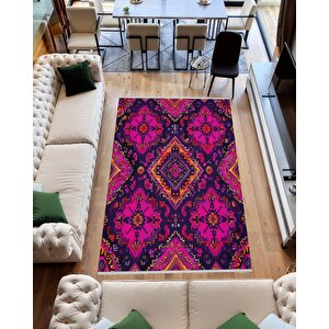 Pamuk Tabanlı Kaymaz Halı – Pembe; Mor; Turuncu – Oriental Desen, Makinede Yıkanabilir, Kolay Temizlenebilir, Toz Ve Tüy Tutmaz, Evcil Hayvan Dostu 160x230 cm