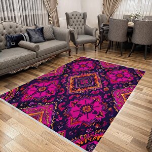 Pamuk Tabanlı Kaymaz Halı – Pembe; Mor; Turuncu – Oriental Desen, Makinede Yıkanabilir, Kolay Temizlenebilir, Toz Ve Tüy Tutmaz, Evcil Hayvan Dostu 160x230 cm