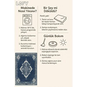 Yıkanabilir Halı – Lacivert; Krem – Geleneksel Desen, Pamuk Dokuma Taban, Makinede Yıkanabilir, Kolay Temizlenebilir, Toz Ve Tüy Tutmaz, Kaymaz, Evcil Hayvan Dostu