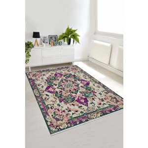 Pamuk Tabanlı Kaymaz Halı – Yeşil; Mor; Krem – Oriental Desen, Pamuk Dokuma Taban, Makinede Yıkanabilir, Kolay Temizlenebilir, Toz Ve Tüy Tutmaz, Kaymaz, Evcil Hayvan Dostu