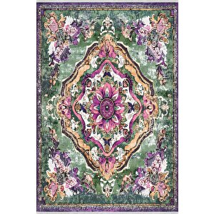 Pamuk Tabanlı Kaymaz Halı – Yeşil; Mor; Krem – Oriental Desen, Pamuk Dokuma Taban, Makinede Yıkanabilir, Kolay Temizlenebilir, Toz Ve Tüy Tutmaz, Kaymaz, Evcil Hayvan Dostu 200x350 cm