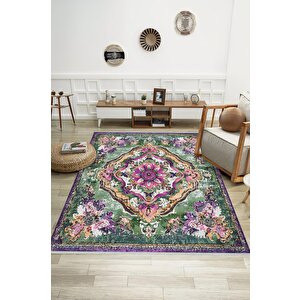 Pamuk Tabanlı Kaymaz Halı – Yeşil; Mor; Krem – Oriental Desen, Pamuk Dokuma Taban, Makinede Yıkanabilir, Kolay Temizlenebilir, Toz Ve Tüy Tutmaz, Kaymaz, Evcil Hayvan Dostu 200x350 cm