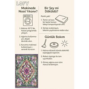 Pamuk Tabanlı Kaymaz Halı – Yeşil; Mor; Krem – Oriental Desen, Pamuk Dokuma Taban, Makinede Yıkanabilir, Kolay Temizlenebilir, Toz Ve Tüy Tutmaz, Kaymaz, Evcil Hayvan Dostu