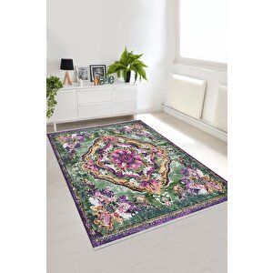 Pamuk Tabanlı Kaymaz Halı – Yeşil; Mor; Krem – Oriental Desen, Pamuk Dokuma Taban, Makinede Yıkanabilir, Kolay Temizlenebilir, Toz Ve Tüy Tutmaz, Kaymaz, Evcil Hayvan Dostu