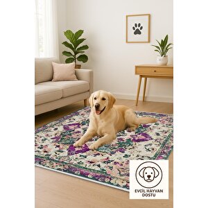 Pamuk Tabanlı Kaymaz Halı – Yeşil; Mor; Krem – Oriental Desen, Pamuk Dokuma Taban, Makinede Yıkanabilir, Kolay Temizlenebilir, Toz Ve Tüy Tutmaz, Kaymaz, Evcil Hayvan Dostu 80x150 cm