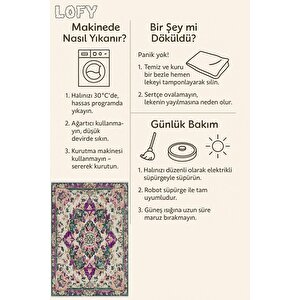Pamuk Tabanlı Kaymaz Halı – Yeşil; Mor; Krem – Oriental Desen, Pamuk Dokuma Taban, Makinede Yıkanabilir, Kolay Temizlenebilir, Toz Ve Tüy Tutmaz, Kaymaz, Evcil Hayvan Dostu 80x150 cm