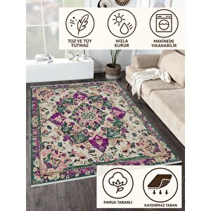 Pamuk Tabanlı Kaymaz Halı – Yeşil; Mor; Krem – Oriental Desen, Pamuk Dokuma Taban, Makinede Yıkanabilir, Kolay Temizlenebilir, Toz Ve Tüy Tutmaz, Kaymaz, Evcil Hayvan Dostu