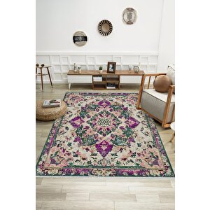 Pamuk Tabanlı Kaymaz Halı – Yeşil; Mor; Krem – Oriental Desen, Pamuk Dokuma Taban, Makinede Yıkanabilir, Kolay Temizlenebilir, Toz Ve Tüy Tutmaz, Kaymaz, Evcil Hayvan Dostu