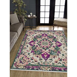Pamuk Tabanlı Kaymaz Halı – Yeşil; Mor; Krem – Oriental Desen, Pamuk Dokuma Taban, Makinede Yıkanabilir, Kolay Temizlenebilir, Toz Ve Tüy Tutmaz, Kaymaz, Evcil Hayvan Dostu