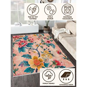 Pamuk Tabanlı Kaymaz Halı – Pembe; Sarı; Kırmızı; Yeşil – Floral Desen, Makinede Yıkanabilir, Kolay Temizlenebilir, Toz Ve Tüy Tutmaz, Evcil Hayvan Dostu 160x350 cm