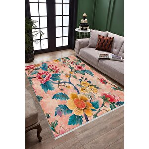 Pamuk Tabanlı Kaymaz Halı – Pembe; Sarı; Kırmızı; Yeşil – Floral Desen, Makinede Yıkanabilir, Kolay Temizlenebilir, Toz Ve Tüy Tutmaz, Evcil Hayvan Dostu 160x350 cm