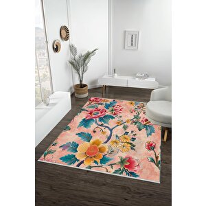 Pamuk Tabanlı Kaymaz Halı – Pembe; Sarı; Kırmızı; Yeşil – Floral Desen, Makinede Yıkanabilir, Kolay Temizlenebilir, Toz Ve Tüy Tutmaz, Evcil Hayvan Dostu