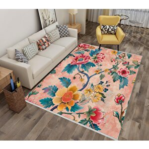 Pamuk Tabanlı Kaymaz Halı – Pembe; Sarı; Kırmızı; Yeşil – Floral Desen, Makinede Yıkanabilir, Kolay Temizlenebilir, Toz Ve Tüy Tutmaz, Evcil Hayvan Dostu