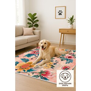 Pamuk Tabanlı Kaymaz Halı – Pembe; Sarı; Kırmızı; Yeşil – Floral Desen, Makinede Yıkanabilir, Kolay Temizlenebilir, Toz Ve Tüy Tutmaz, Evcil Hayvan Dostu