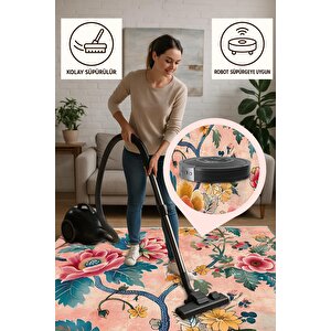 Pamuk Tabanlı Kaymaz Halı – Pembe; Sarı; Kırmızı; Yeşil – Floral Desen, Makinede Yıkanabilir, Kolay Temizlenebilir, Toz Ve Tüy Tutmaz, Evcil Hayvan Dostu