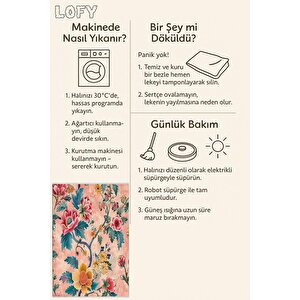 Pamuk Tabanlı Kaymaz Halı – Pembe; Sarı; Kırmızı; Yeşil – Floral Desen, Makinede Yıkanabilir, Kolay Temizlenebilir, Toz Ve Tüy Tutmaz, Evcil Hayvan Dostu