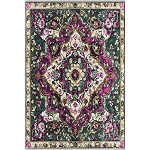 Pamuk Tabanlı Kaymaz Halı – Yeşil; Mor; Krem – Oriental Desen, Pamuk Dokuma Taban, Makinede Yıkanabilir, Kolay Temizlenebilir, Toz Ve Tüy Tutmaz, Kaymaz, Evcil Hayvan Dostu 200x220 cm