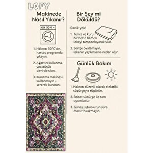 Pamuk Tabanlı Kaymaz Halı – Yeşil; Mor; Krem – Oriental Desen, Pamuk Dokuma Taban, Makinede Yıkanabilir, Kolay Temizlenebilir, Toz Ve Tüy Tutmaz, Kaymaz, Evcil Hayvan Dostu 200x220 cm