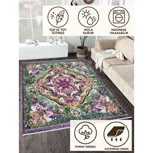 Pamuk Tabanlı Kaymaz Halı – Yeşil; Mor; Krem – Oriental Desen, Pamuk Dokuma Taban, Makinede Yıkanabilir, Kolay Temizlenebilir, Toz Ve Tüy Tutmaz, Kaymaz, Evcil Hayvan Dostu 80x80 cm