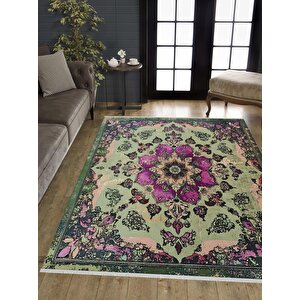 Pamuk Tabanlı Kaymaz Halı – Yeşil; Mor; Krem – Oriental Desen, Pamuk Dokuma Taban, Makinede Yıkanabilir, Kolay Temizlenebilir, Toz Ve Tüy Tutmaz, Kaymaz, Evcil Hayvan Dostu 160x350 cm