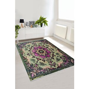 Pamuk Tabanlı Kaymaz Halı – Yeşil; Mor; Krem – Oriental Desen, Pamuk Dokuma Taban, Makinede Yıkanabilir, Kolay Temizlenebilir, Toz Ve Tüy Tutmaz, Kaymaz, Evcil Hayvan Dostu 160x350 cm