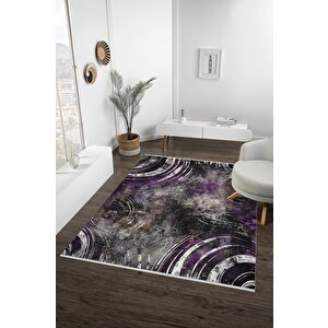 Pamuk Tabanlı Kaymaz Halı – Mor; Siyah; Gri – Soyut Desen, Makinede Yıkanabilir, Kolay Temizlenebilir, Toz Ve Tüy Tutmaz, Evcil Hayvan Dostu 180x270 cm