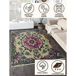 Pamuk Tabanlı Kaymaz Halı – Yeşil; Mor; Krem – Oriental Desen, Pamuk Dokuma Taban, Makinede Yıkanabilir, Kolay Temizlenebilir, Toz Ve Tüy Tutmaz, Kaymaz, Evcil Hayvan Dostu