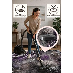 Pamuk Tabanlı Kaymaz Halı – Mor; Siyah; Gri – Soyut Desen, Makinede Yıkanabilir, Kolay Temizlenebilir, Toz Ve Tüy Tutmaz, Evcil Hayvan Dostu