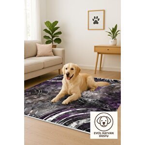 Pamuk Tabanlı Kaymaz Halı – Mor; Siyah; Gri – Soyut Desen, Makinede Yıkanabilir, Kolay Temizlenebilir, Toz Ve Tüy Tutmaz, Evcil Hayvan Dostu