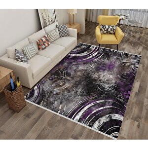 Pamuk Tabanlı Kaymaz Halı – Mor; Siyah; Gri – Soyut Desen, Makinede Yıkanabilir, Kolay Temizlenebilir, Toz Ve Tüy Tutmaz, Evcil Hayvan Dostu