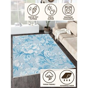 Pamuk Tabanlı Kaymaz Halı – Mavi; Beyaz – Floral Desen, Makinede Yıkanabilir, Kolay Temizlenebilir, Toz Ve Tüy Tutmaz, Evcil Hayvan Dostu 200x350 cm