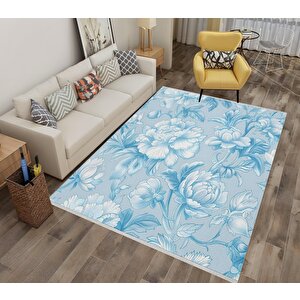 Pamuk Tabanlı Kaymaz Halı – Mavi; Beyaz – Floral Desen, Makinede Yıkanabilir, Kolay Temizlenebilir, Toz Ve Tüy Tutmaz, Evcil Hayvan Dostu