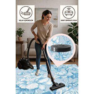 Pamuk Tabanlı Kaymaz Halı – Mavi; Beyaz – Floral Desen, Makinede Yıkanabilir, Kolay Temizlenebilir, Toz Ve Tüy Tutmaz, Evcil Hayvan Dostu