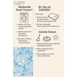 Pamuk Tabanlı Kaymaz Halı – Mavi; Beyaz – Floral Desen, Makinede Yıkanabilir, Kolay Temizlenebilir, Toz Ve Tüy Tutmaz, Evcil Hayvan Dostu