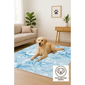 Pamuk Tabanlı Kaymaz Halı – Mavi; Beyaz – Floral Desen, Makinede Yıkanabilir, Kolay Temizlenebilir, Toz Ve Tüy Tutmaz, Evcil Hayvan Dostu