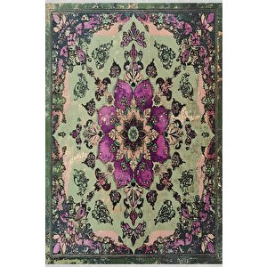 Pamuk Tabanlı Kaymaz Halı – Yeşil; Mor; Krem – Oriental Desen, Pamuk Dokuma Taban, Makinede Yıkanabilir, Kolay Temizlenebilir, Toz Ve Tüy Tutmaz, Kaymaz, Evcil Hayvan Dostu 200x350 cm