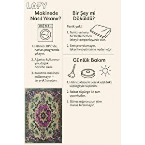 Pamuk Tabanlı Kaymaz Halı – Yeşil; Mor; Krem – Oriental Desen, Pamuk Dokuma Taban, Makinede Yıkanabilir, Kolay Temizlenebilir, Toz Ve Tüy Tutmaz, Kaymaz, Evcil Hayvan Dostu