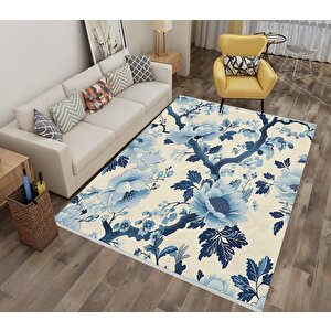 Pamuk Dokuma Taban Halı – Mavi; Lacivert; Bej – Floral Desen, Makinede Yıkanabilir, Kolay Temizlenebilir, Toz Ve Tüy Tutmaz, Kaymaz, Evcil Hayvan Dostu