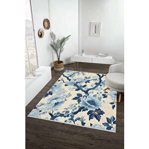 Pamuk Dokuma Taban Halı – Mavi; Lacivert; Bej – Floral Desen, Makinede Yıkanabilir, Kolay Temizlenebilir, Toz Ve Tüy Tutmaz, Kaymaz, Evcil Hayvan Dostu