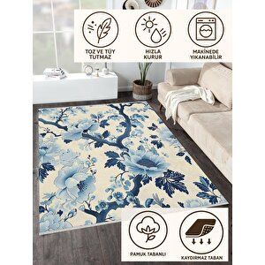Pamuk Dokuma Taban Halı – Mavi; Lacivert; Bej – Floral Desen, Makinede Yıkanabilir, Kolay Temizlenebilir, Toz Ve Tüy Tutmaz, Kaymaz, Evcil Hayvan Dostu