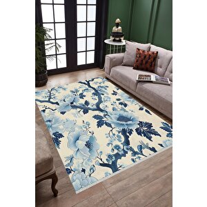 Pamuk Dokuma Taban Halı – Mavi; Lacivert; Bej – Floral Desen, Makinede Yıkanabilir, Kolay Temizlenebilir, Toz Ve Tüy Tutmaz, Kaymaz, Evcil Hayvan Dostu