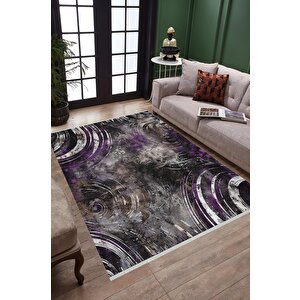 Pamuk Tabanlı Kaymaz Halı – Mor; Siyah; Gri – Soyut Desen, Makinede Yıkanabilir, Kolay Temizlenebilir, Toz Ve Tüy Tutmaz, Evcil Hayvan Dostu