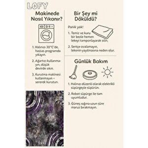 Pamuk Tabanlı Kaymaz Halı – Mor; Siyah; Gri – Soyut Desen, Makinede Yıkanabilir, Kolay Temizlenebilir, Toz Ve Tüy Tutmaz, Evcil Hayvan Dostu