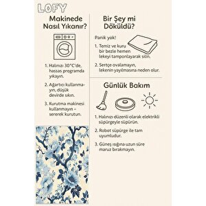 Pamuk Dokuma Taban Halı – Mavi; Lacivert; Bej – Floral Desen, Makinede Yıkanabilir, Kolay Temizlenebilir, Toz Ve Tüy Tutmaz, Kaymaz, Evcil Hayvan Dostu 100x180 cm